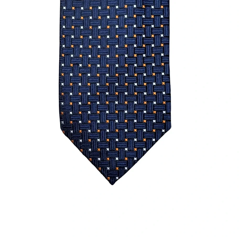 Tino Cosma Navy Blue Orange Geometric Basketweave Silk Tie Made in Italy